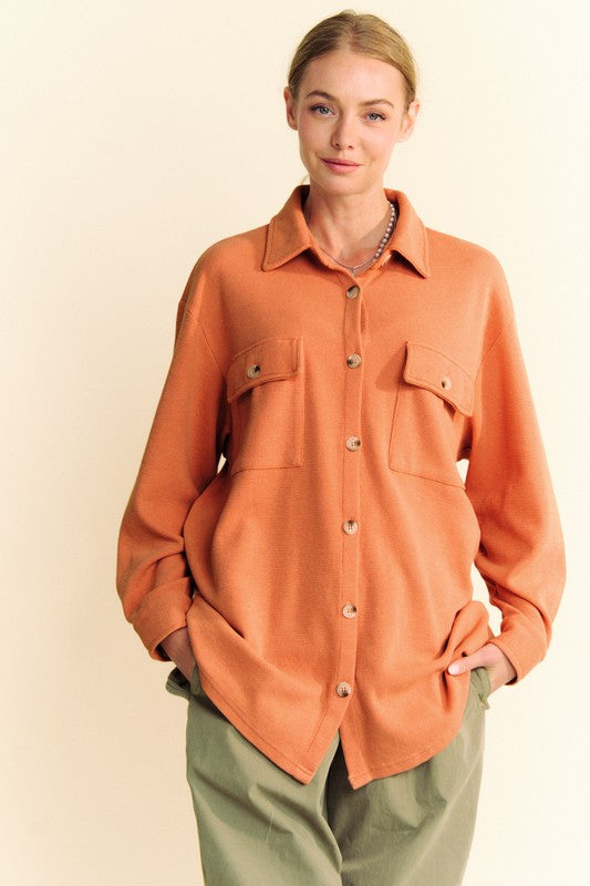 Davi & Dani Pumpkin Waffle-Knit Button Down Shirt Pumpkin