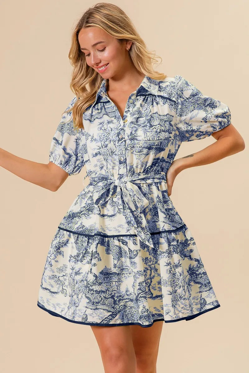 BiBi Navy Woven Vintage Printed Tiered Dress NAVY