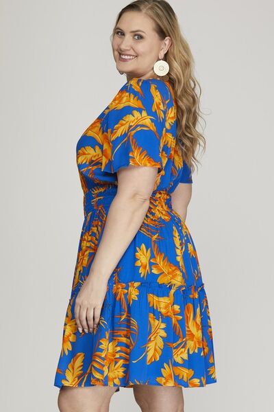 She + Sky Royal Blue Printed Notched Short Sleeve Frill Tiered Dress Plus Size