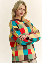 Davi & Dani Brown Multicolor Color Block Checkered Dropped Shoulder Sweater