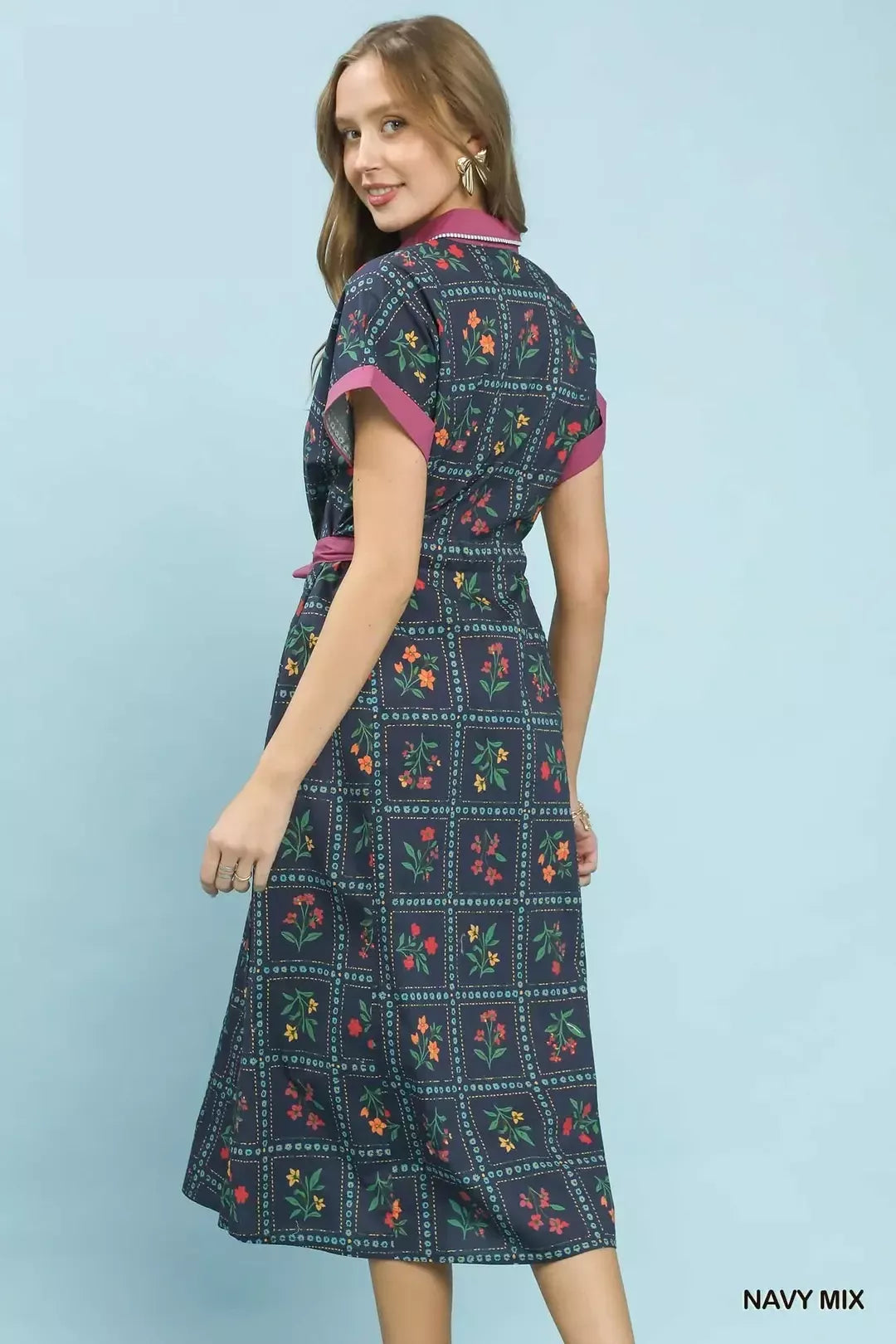 Umgee Navy Mix Floral Button-Front Midi Dress