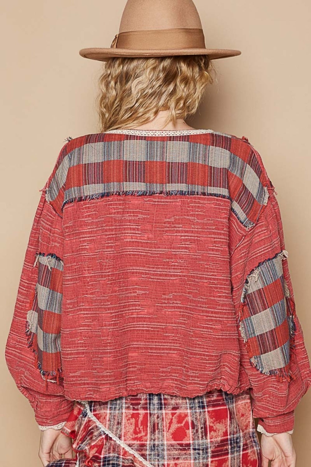 POL Red Multi Round Neck Long Sleeve Plaid Shirt Trendsi