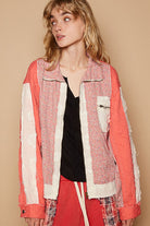 POL Coral Floral Patchwork Zip Up Long Sleeve Jacket Coral S Coats & Jackets