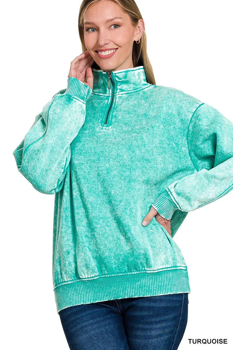 Zenana Turquoise Acid Wash Fleece Quarter Zip Pullover TURQUOISE