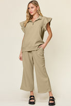Double Take Quilted Textured Ruffle Short Sleeve Top and Drawstring Wide Leg Pants Set Khaki Sets