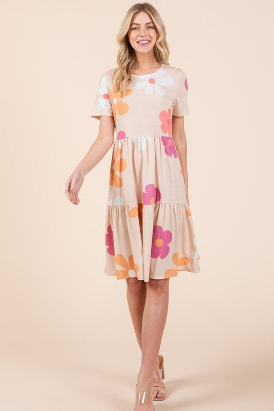 BOMBOM Apricot Floral Round Neck Short Sleeve Tiered Dress