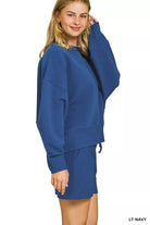 Zenana Light Navy Ribbed Round Neck Pullover and Shorts Set