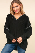 Notched Neck Long Sleeve Hooded Pullover Ave Shops