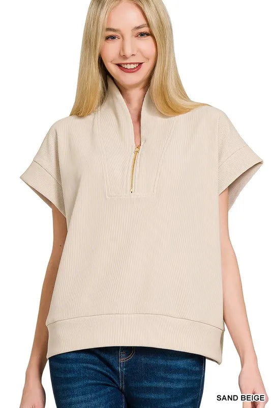 Zenana Sand Beige Ribbed High Neck Half Zip Top