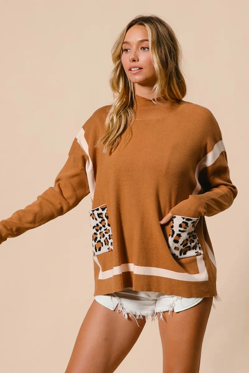 BiBi Camel Mock Neck Sweater with Leopard Pocket