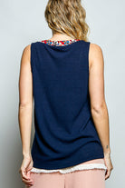POL Navy Ribbed V-Neck Tank with Contrast Floral Neckband