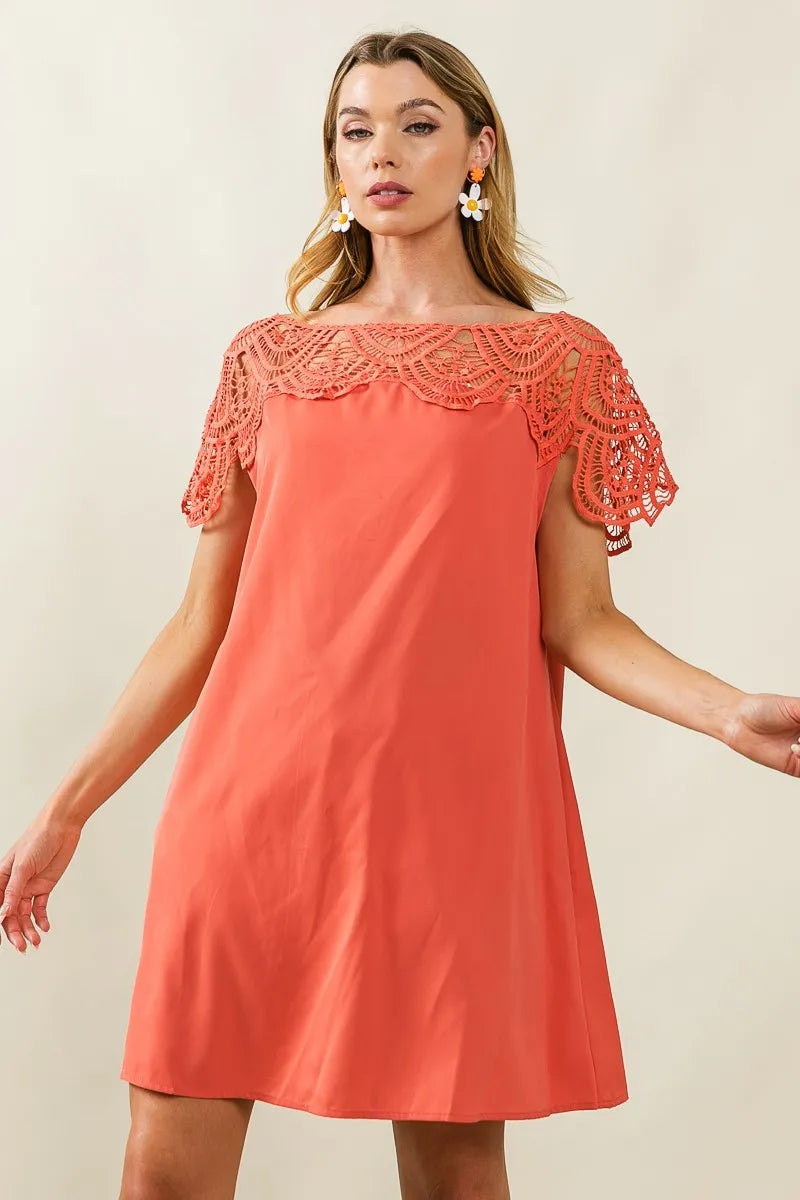BiBi Apricot Crochet Lace Yoke Detailed Wrinkled Dress