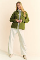 Davi & Dani Yellow Green Quilted Button Down Shacket with Chest Pockets Coats & Jackets