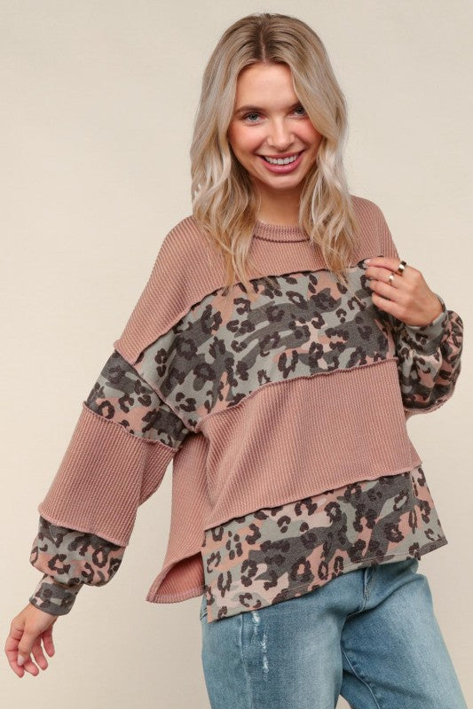 Haptics Taupe & Olive Soft Camo/Leopard Knit Top