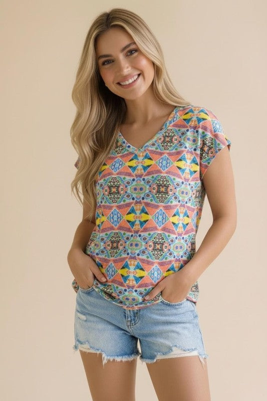 Haptics Boho Mosaic V-Neck Tee in Sunset Hues