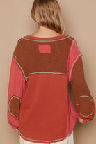 POL V-Neck Knit Panel Exposed Seam Top in Brick Trendsi