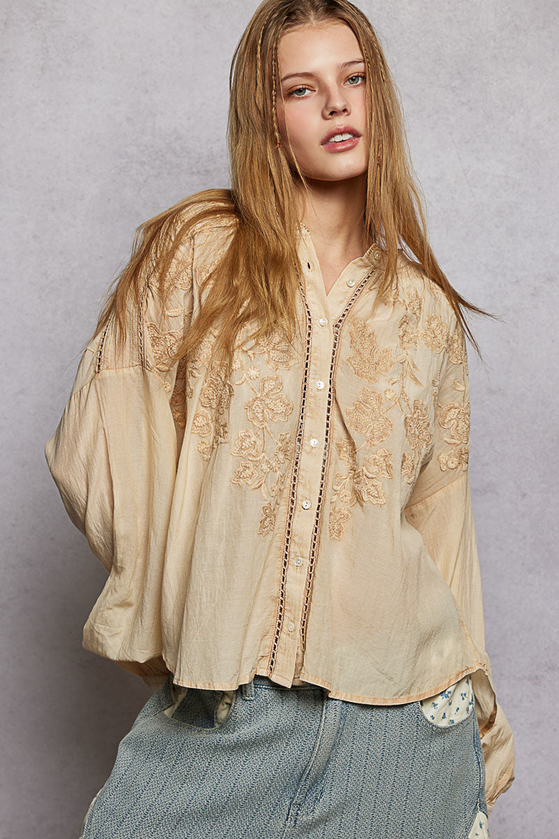 POL Almond Embroidery Button Down Long Sleeve Bohemian Washed Shirt
