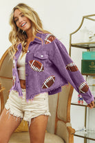 BiBi Vintage Violet Football Sequin Embroidery Washed Corduroy Jacket Coats & Jackets