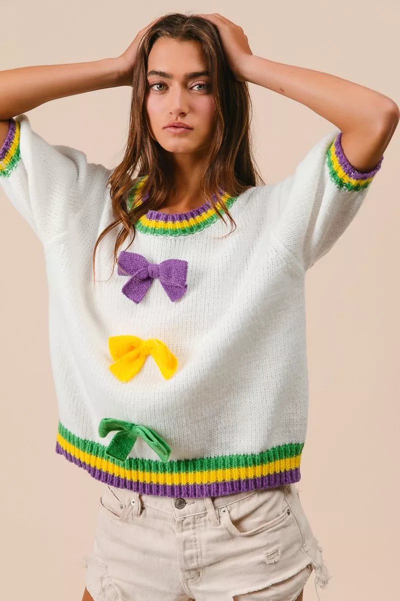 BiBi Ivory Short Puff Sleeve Ribbon Bow Mardi Gras Sweater