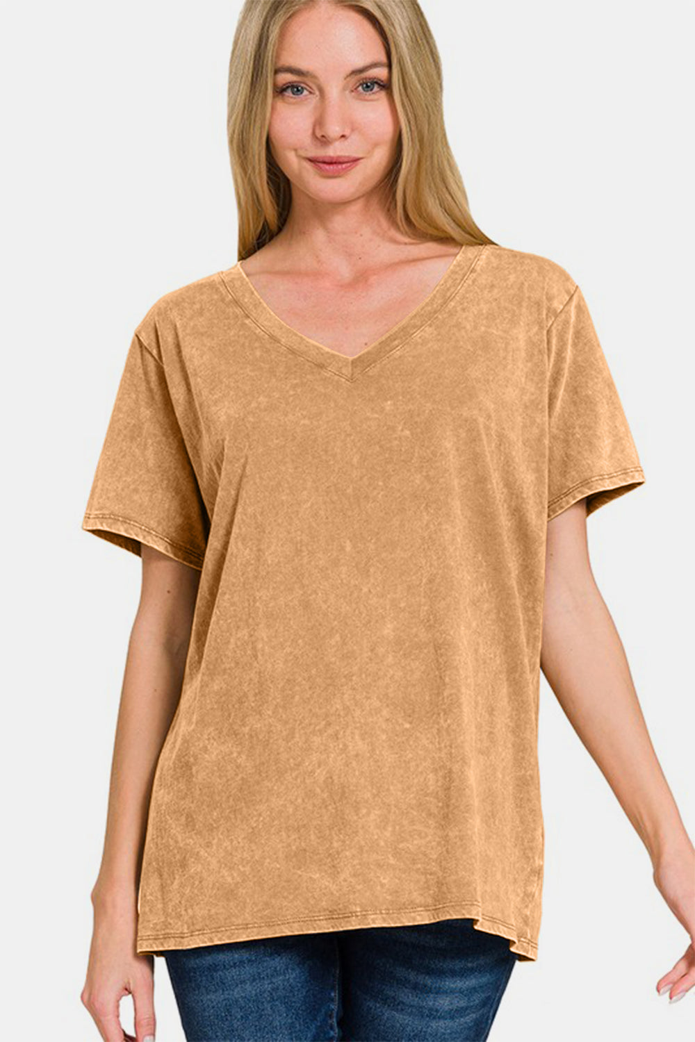 Zenana Camel Washed Short Sleeve V-Neck T-Shirt