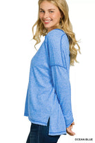 Zenana Ocean Blue Soft Melange Hacci Exposed Seam Hi-low Tee