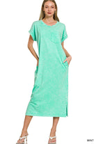 Zenana Mint Acid Washed Exposed Seam Short Sleeve T-Shirt Dress