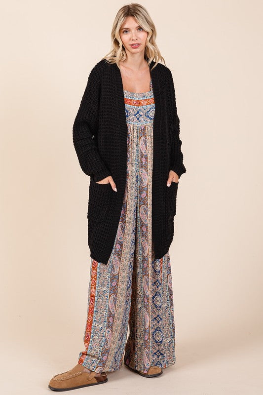 Mittoshop Black Waffle Knit Open Front Long Sleeve Longline Cardigan Cardigan