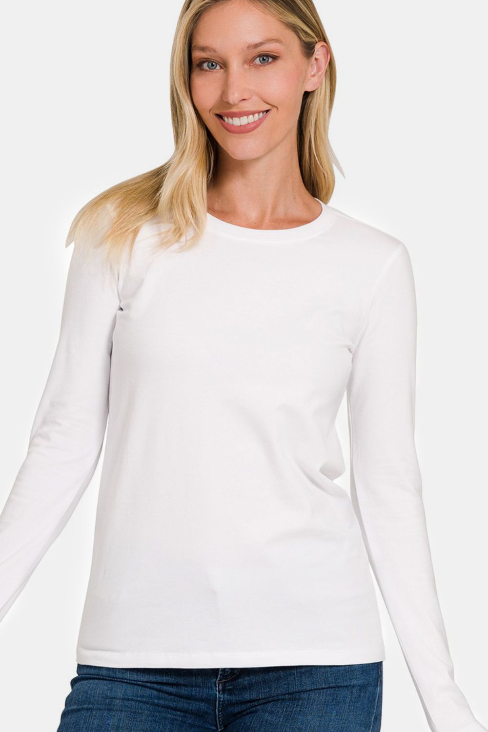 Zenana White Solid Color Round Neck Long Sleeve T-Shirt Shirts & Tops