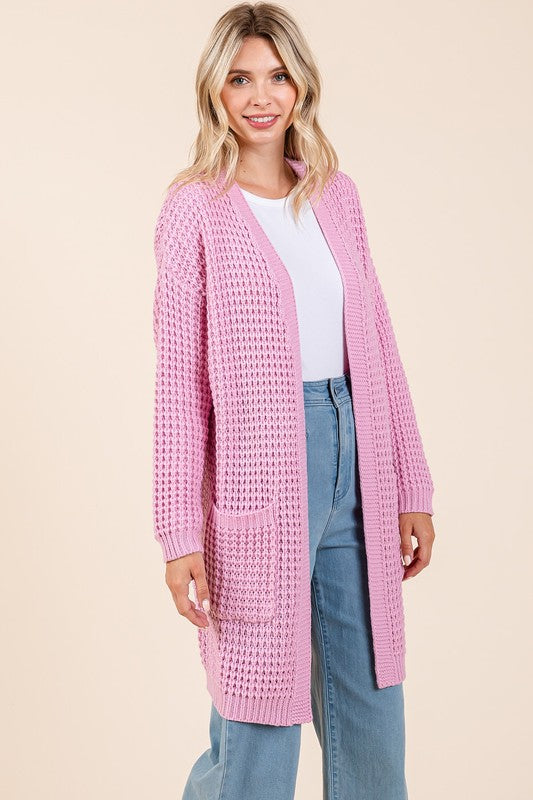 Mittoshop Pink Waffle Knit Open Front Long Sleeve Longline Cardigan Shirts & Tops