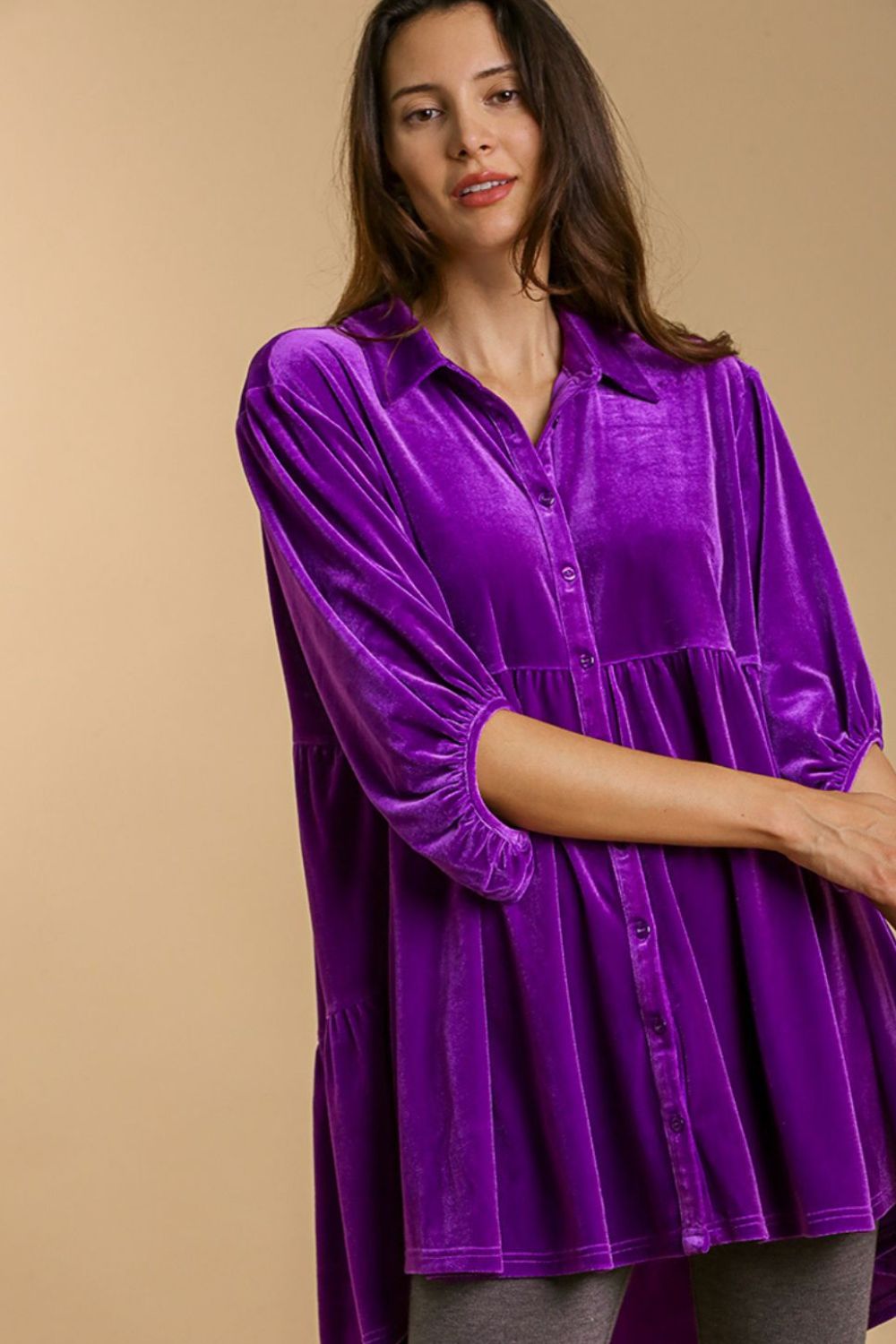 Umgee Violet Velvet Button Down Tiered Back High Low Shirt Violet Shirts & Tops