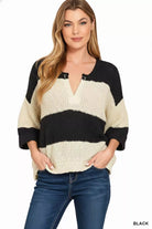 Zenana Split Neck Stripe Sweater