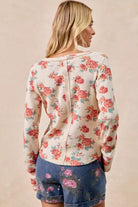 BiBi Oatmeal Floral Print Washed Waffle Thermal Top With Thumb