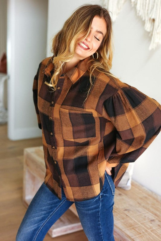 Haptics Rock'n Plaid Camel & Charcoal Button Down Oversized Shirt Haptics