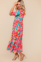 Haptics Orange & Aqua Floral Smocked Notched Neck Midi Dress