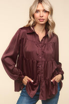 Haptics Burgundy Button Down Tiered Babydoll Satin Blouse Haptics