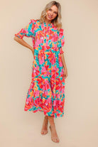 Haptics Orange & Aqua Floral Smocked Notched Neck Midi Dress