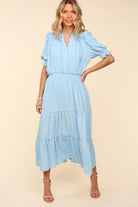 Haptics Sky Blue Frill Notch Neck Shirred Waist Tiered Maxi Dress Dresses