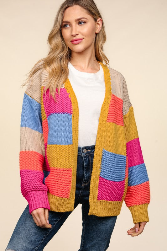 Haptics Multicolor Chunky Knit Color Block Patchwork Cardigan Haptics