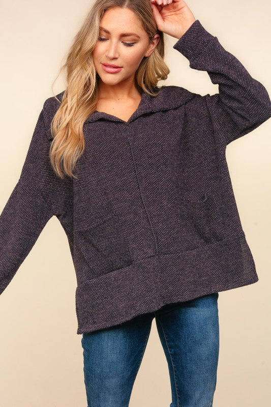 Haptics Easy Living Charcoal Textured Knit Notch Neck Oversized Collar Sweater Haptics