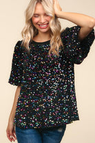 Haptics Black Velvet Multicolor Sequin Puff Sleeve Top Haptics