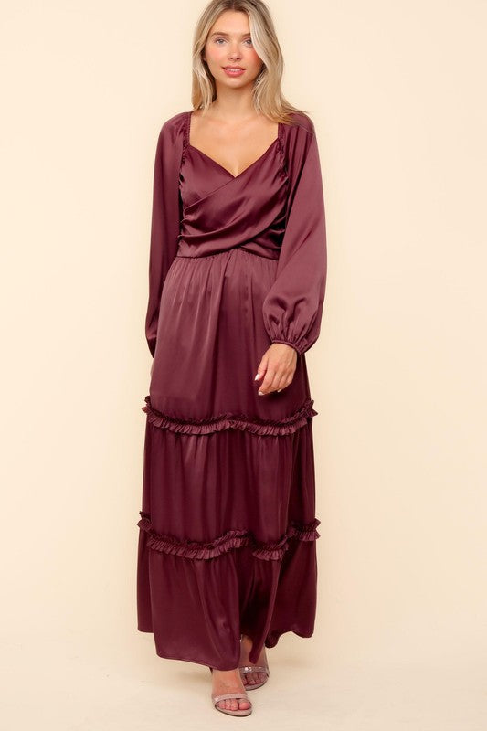 Haptics Wine Satin Front Overlap Smocked Back Maxi Dress Dresses