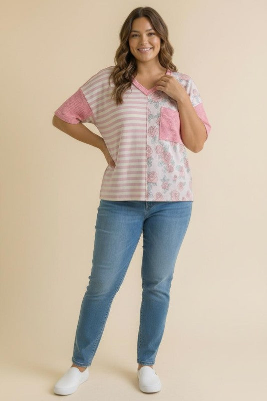 Haptics So Rosy Mixed Print V-Neck Top