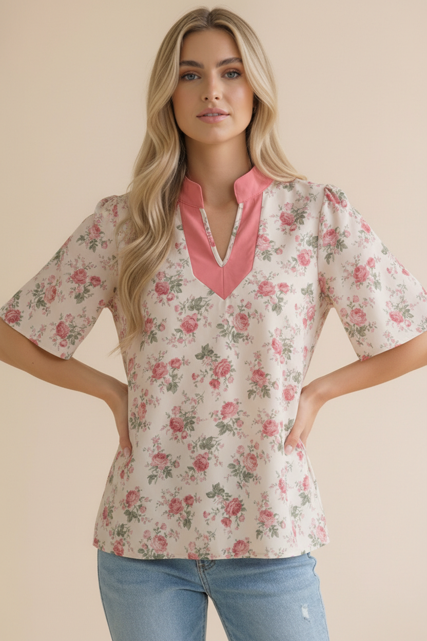 Haptics Blooming Season Split Neck Floral Blouse Womens
