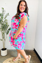 Haptics Diva Dreaming Aqua & Fuchsia Floral Print Tiered Ruffle Sleeve Dress Final Sale Haptics