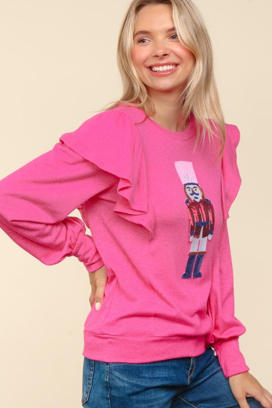 Haptics Holiday Hot Pink Sequin Nutcracker Ruffle Hacci Sweater Haptics