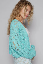 POL Aqua Cable-Knit Openwork V-Neck Button Up Cardigan