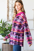 Heimish Magenta French Terry Multicolor Geometric Puff Sleeve Hoodie in MemorialDay24