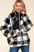 Haptics Black & Ivory Plaid Sherpa Button Down Jacket Haptics