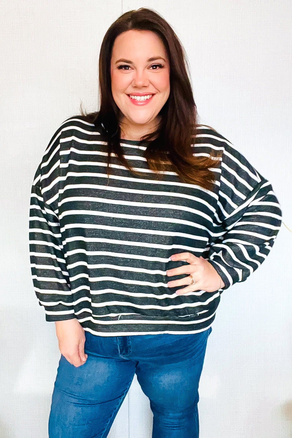 Hopley Charcoal Stripe Terry Banded Dolman Pullover Shirts & Tops