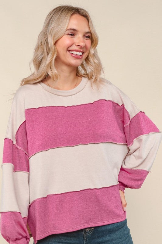 Haptics Latte & Magenta Color Block Loose Fit Knit Pullover